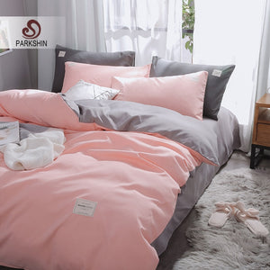 Parkshin Pink Duvet Cover Gray Flat Sheet Pillowcase 100% Cotton Bed Linen Set Double Bedspread Adult Solid Color Bedclothes