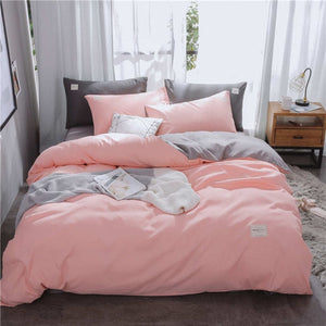 Parkshin Pink Duvet Cover Gray Flat Sheet Pillowcase 100% Cotton Bed Linen Set Double Bedspread Adult Solid Color Bedclothes