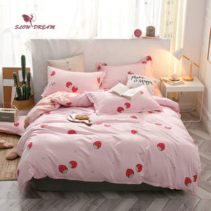 Slowdream Cartoon Strawberry Bedspread Pink Bedding Set Girl Duvet Cover Bed Sheet Set Comfort Euro Bed Linen Set Home Textiles